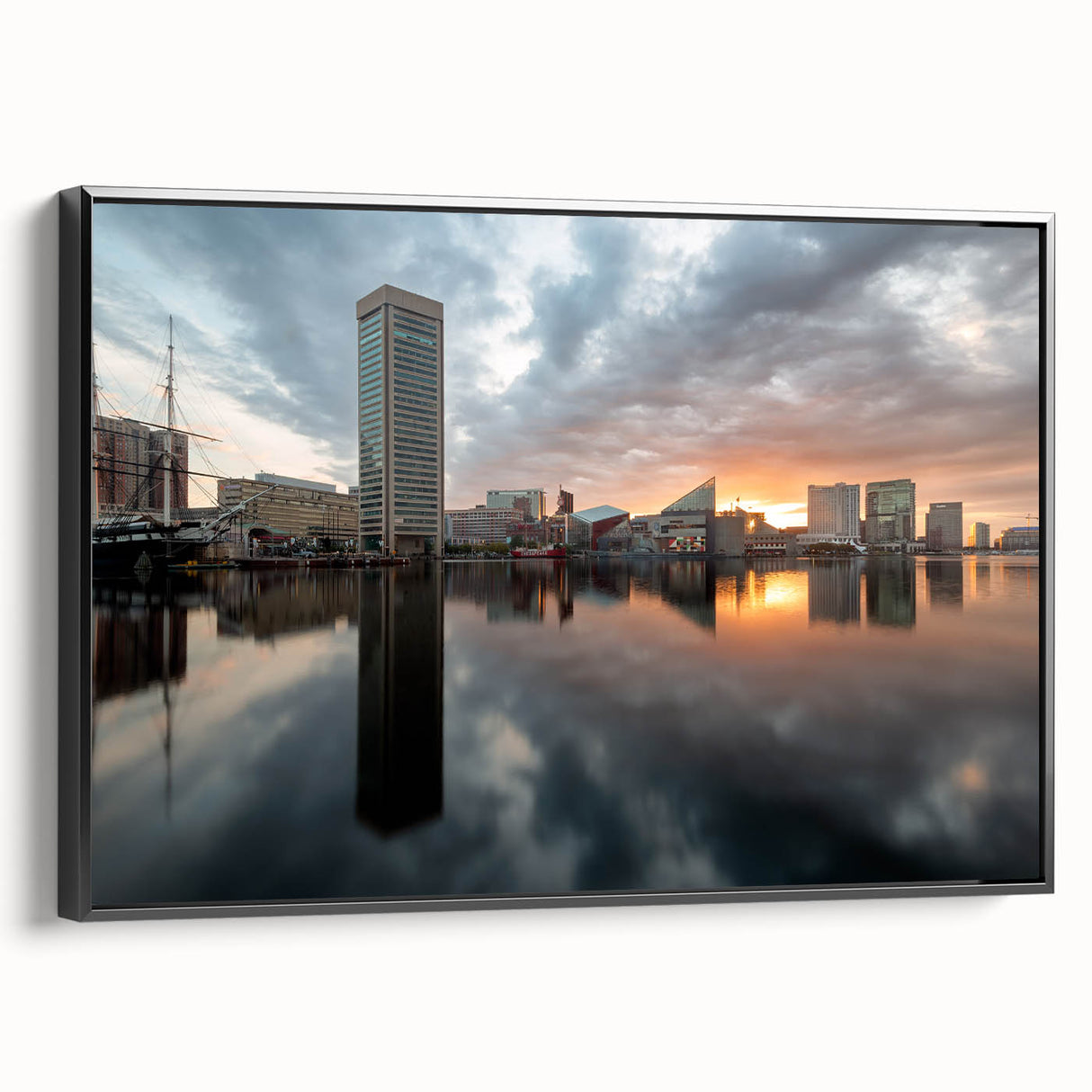 Black and white landscape art painting of Baltimore, printed on framed canvas, suitable for bedroom wall decor.