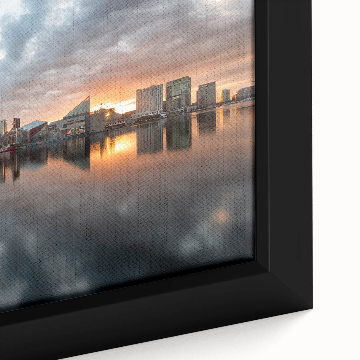 Extra large framed canvas of textured Baltimore skyline in vibrant colors, ideal for living room decor.