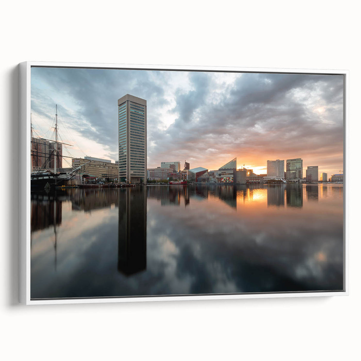 Vintage poster art of Baltimore skyline in colorful hues on a large framed canvas, ideal for living room decor.