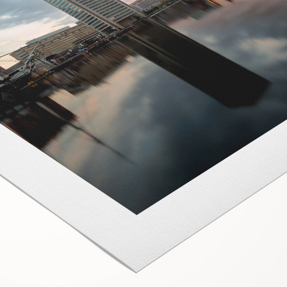 Art deco poster of Baltimore skyline in muted gold and navy hues on rolled canvas, suitable for dining room wall art.