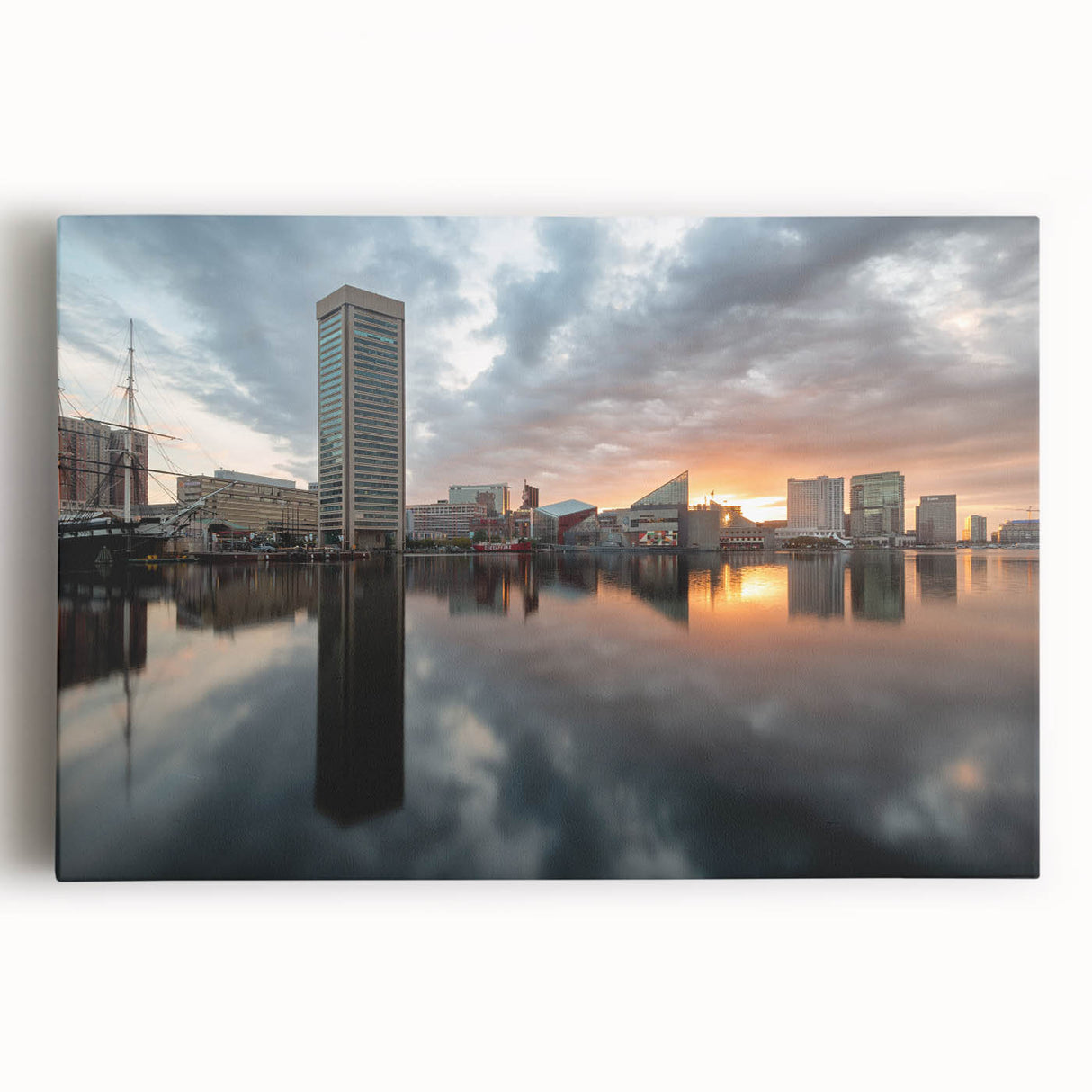 Black and white large art print of Baltimore skyline on stretched canvas, suitable for kitchen wall art.