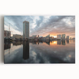 Black and white large art print of Baltimore skyline on stretched canvas, suitable for kitchen wall art.