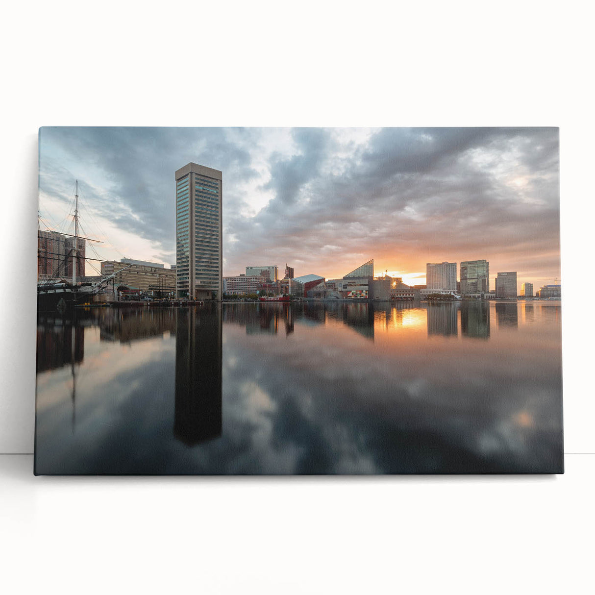 Black and white panoramic view of Baltimore on stretched canvas, ideal for kitchen wall art.