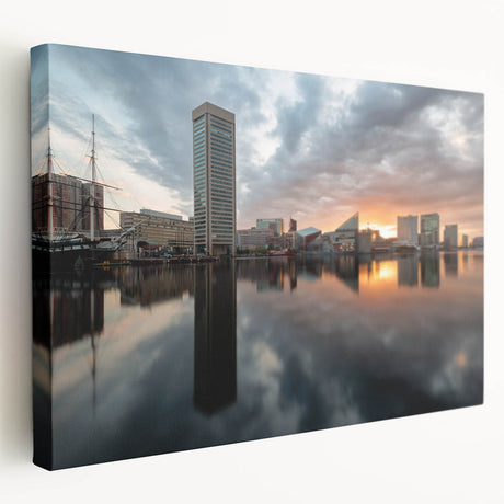 Panoramic view of the Baltimore skyline in muted gray and blue tones on a large stretched canvas.
