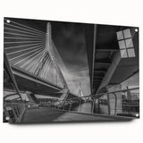 Acrylic print of a large abstract depiction of the Boston skyline in muted gray and blue tones.