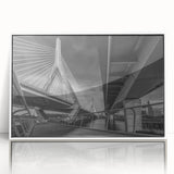 Art deco poster of Boston skyline in muted gray and blue tones on framed acrylic, suitable for modern art wall decor.