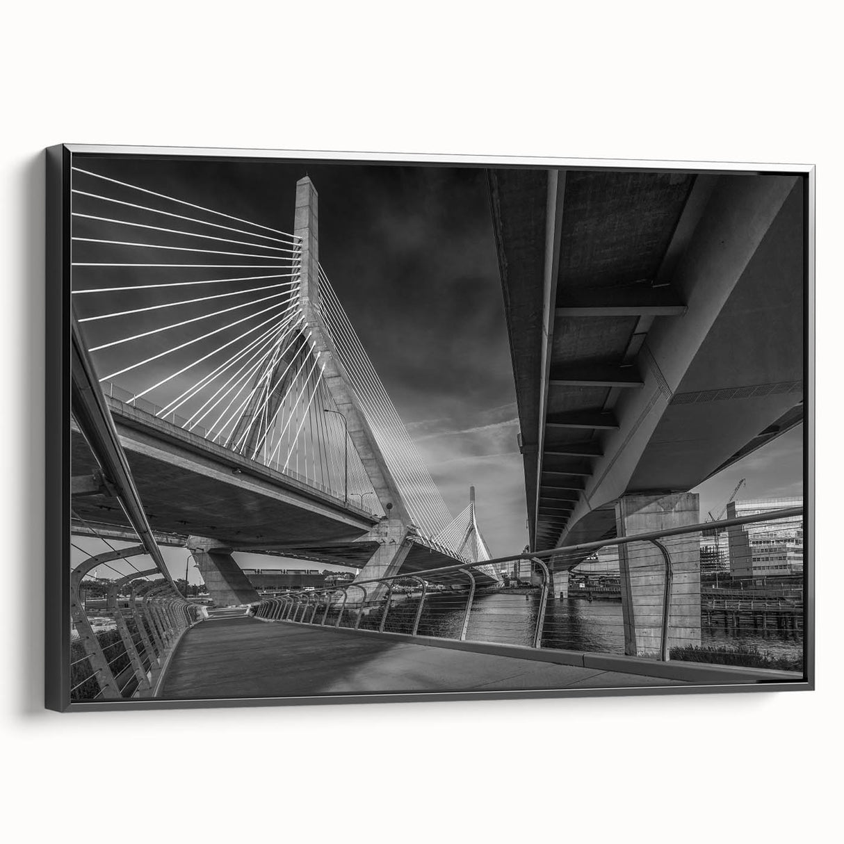 Black and white framed canvas of Boston landscape, in vintage poster style, ideal for bedroom wall decor.