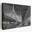 Large art depicting the Boston skyline in muted gray and blue tones on stretched canvas, ideal for kitchen wall decor.