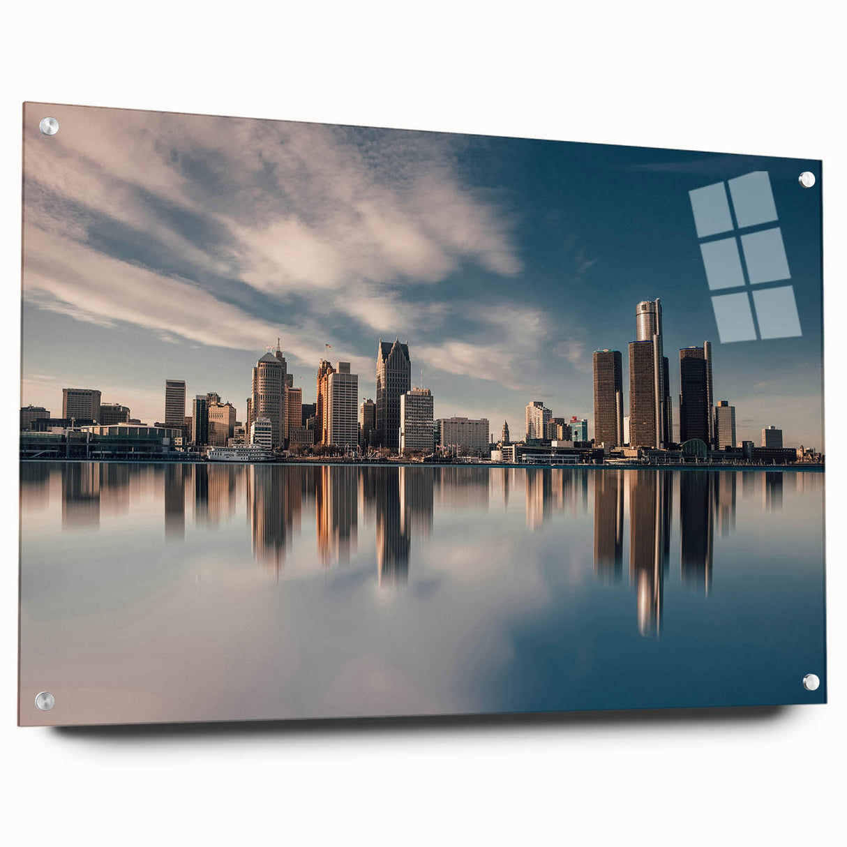 Acrylic print of a large abstract depiction of Detroit, featuring muted blue and gray tones.