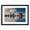 Abstract art print depicting a colorful, textured Detroit skyline on a large canvas, ideal for living room decor.