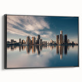 Black and white framed canvas of Detroit landscape, ideal for bedroom wall decor.