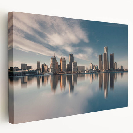 Detroit skyline on stretched canvas in muted gray and blue tones, suitable for kitchen wall art.