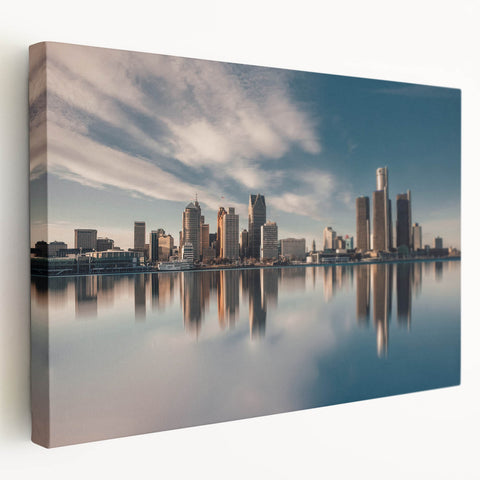 Detroit skyline on stretched canvas in muted gray and blue tones, suitable for kitchen wall art.