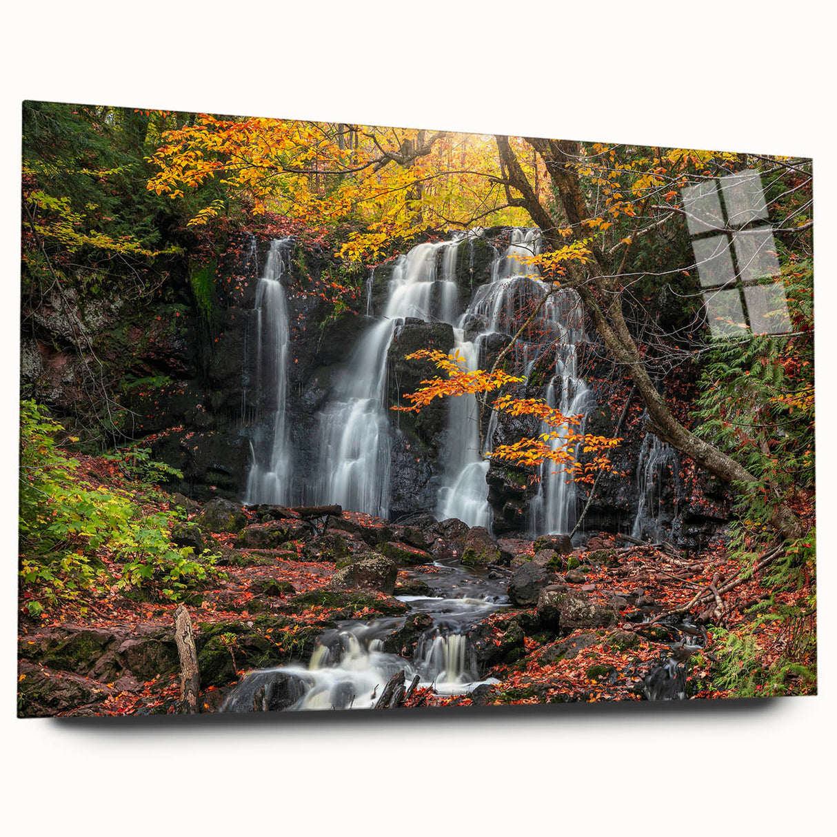 Acrylic print of a large abstract depiction of Michigan's Upper Peninsula in cool blue and green tones.