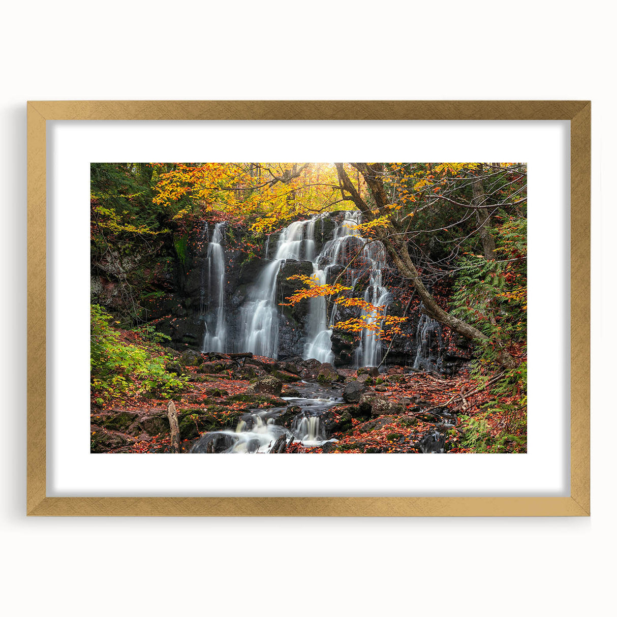 Extra large abstract art print of Michigan's Upper Peninsula in textured gold frame, ideal for living room decor.