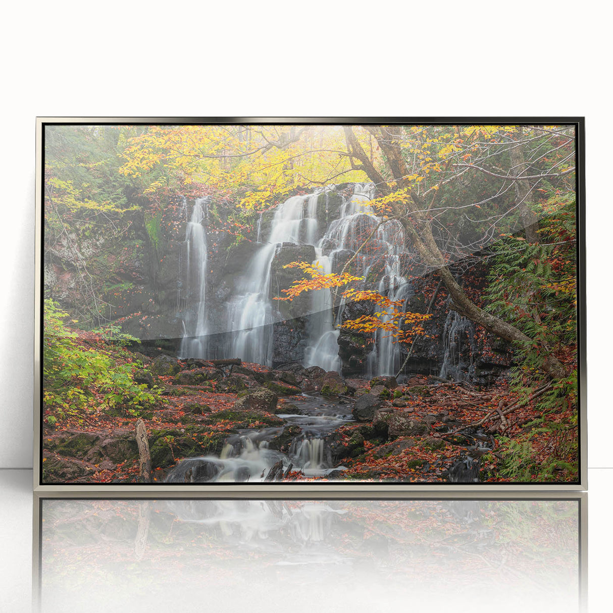 Mid-century modernist art depicting Michigan's Upper Peninsula in muted earth tones on a framed acrylic print.
