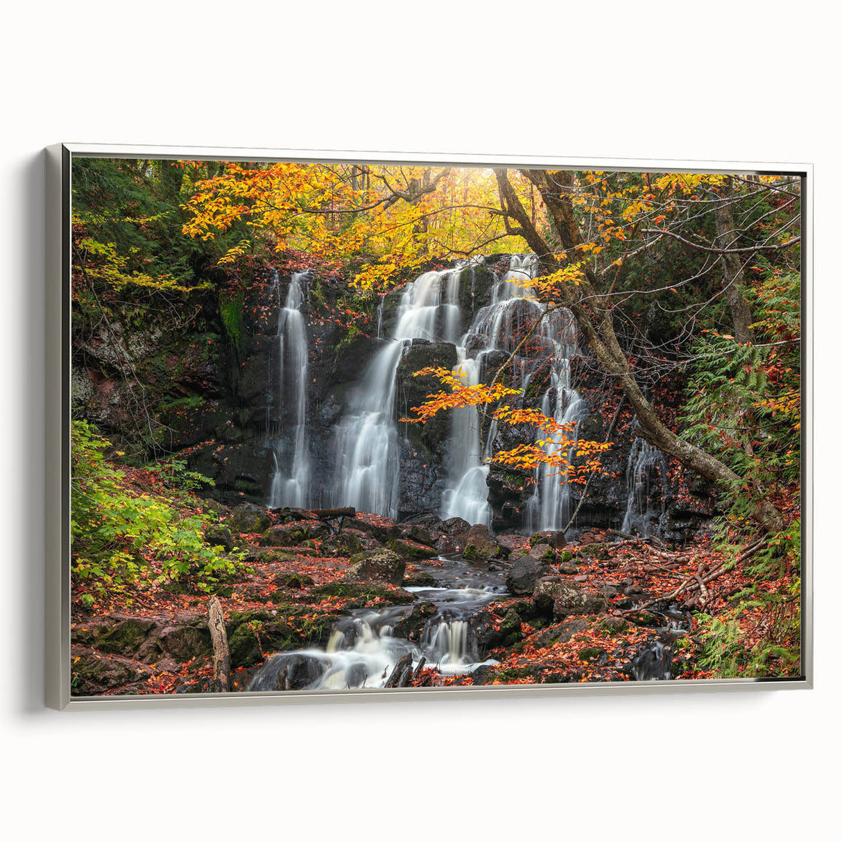 Framed canvas featuring a vintage-style landscape art painting of Michigan's Upper Peninsula in muted earth tones.