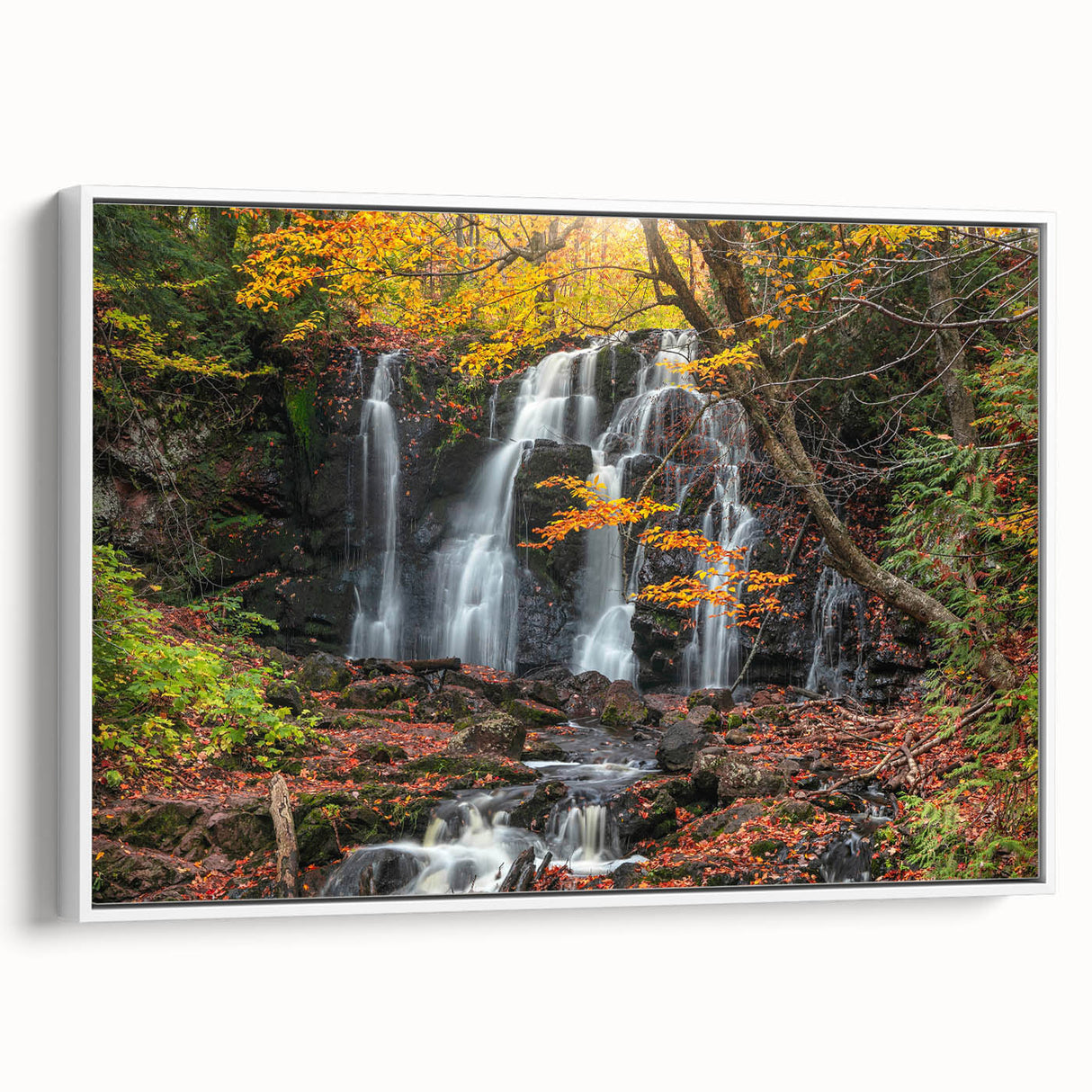 Vintage poster art of Michigan's Upper Peninsula in colorful hues on a large framed canvas, suitable for living room decor.
