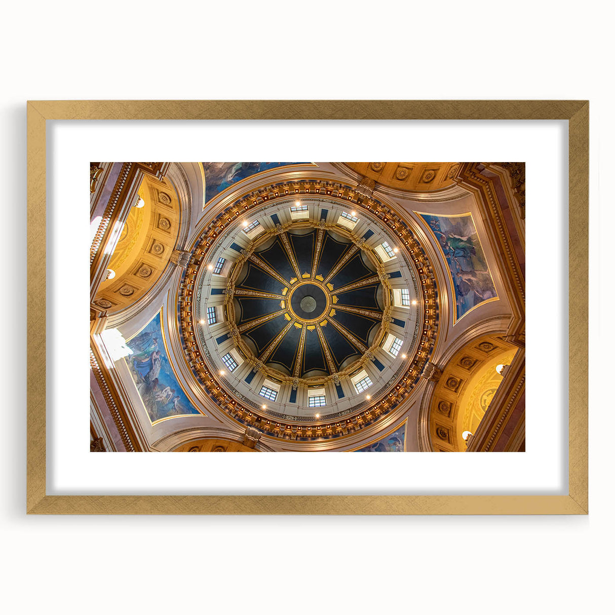 Abstract art print of Minneapolis skyline in muted gray and gold tones on a framed canvas, suitable for dining room decor.