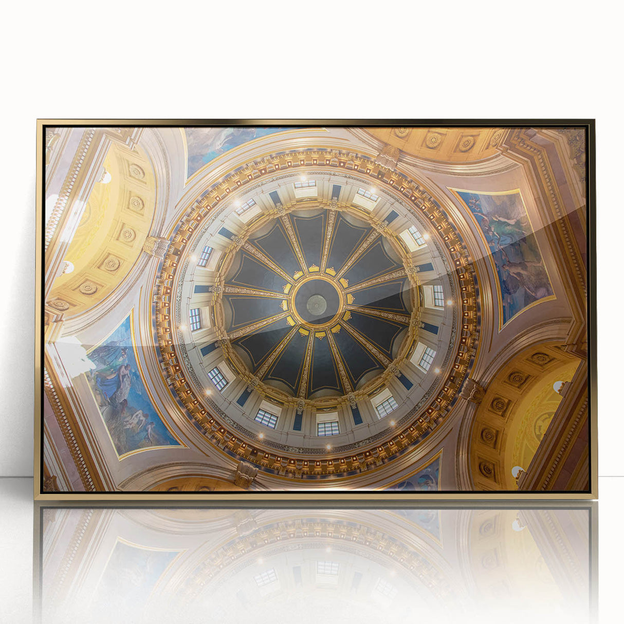 Acrylic print of Minneapolis skyline in muted gold and gray tones, framed, ideal for modern bedroom ambiance.