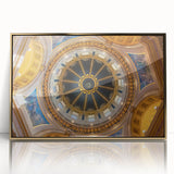 Acrylic print of Minneapolis skyline in muted gold and gray tones, framed, ideal for modern bedroom ambiance.