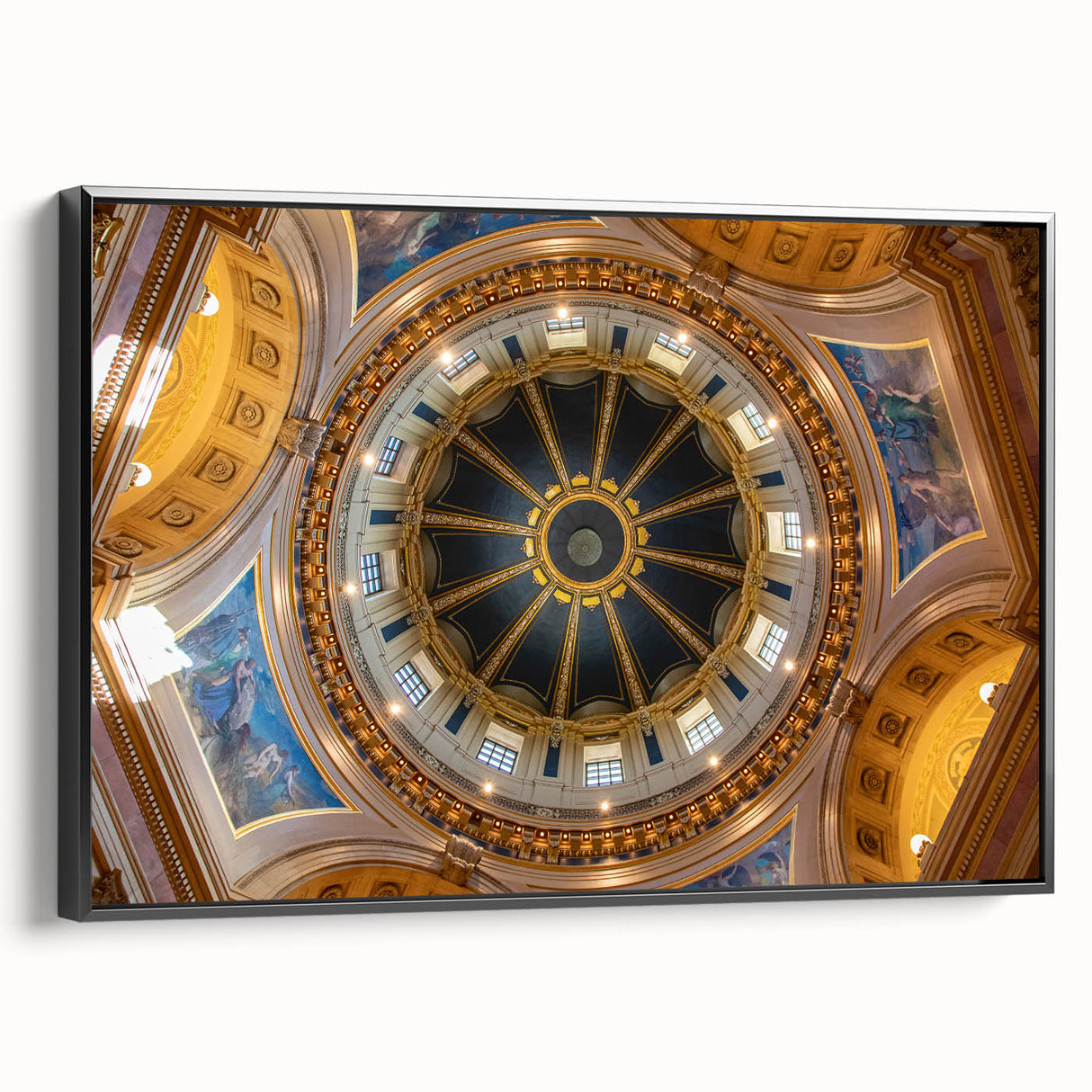 Black and white framed canvas of Minneapolis landscape, ideal for bedroom wall art.