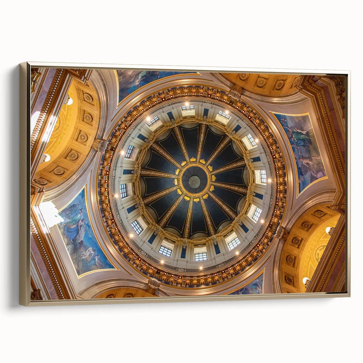 Framed canvas wall art featuring a vintage-style Minneapolis landscape in black and gold, suitable for bedroom decor.