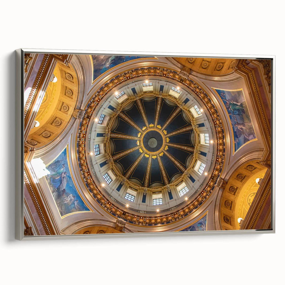 Framed canvas depicting a vintage-style Minneapolis landscape with colorful skyline and black border, ideal for office decor.