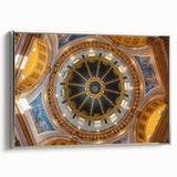 Framed canvas depicting a vintage-style Minneapolis landscape with colorful skyline and black border, ideal for office decor.