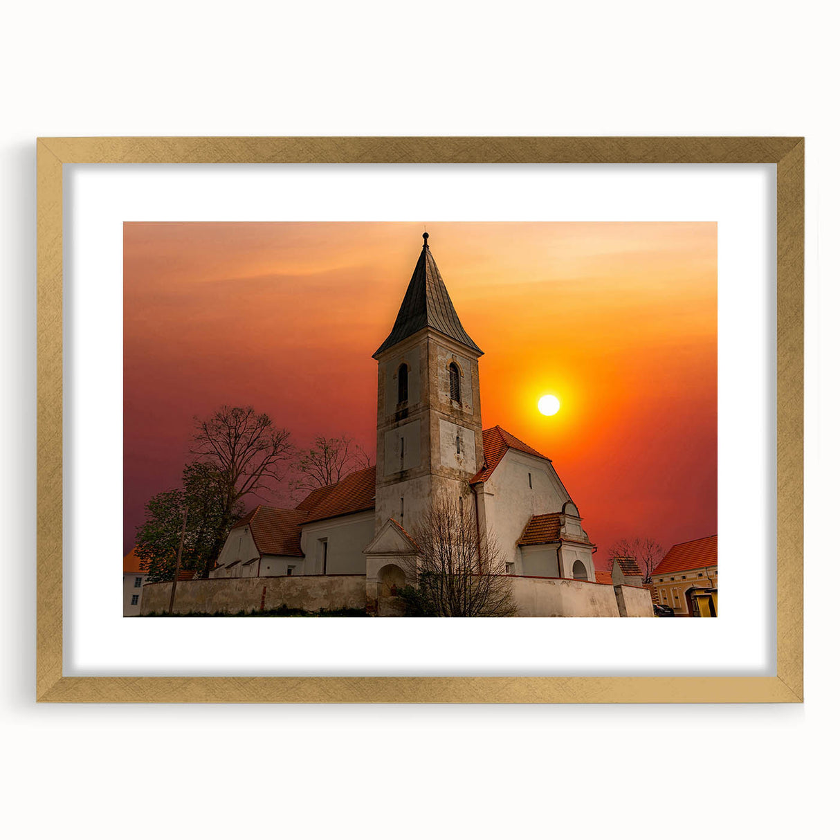 Extra large abstract art print of Kansas City skyline in gold frame, featuring textured brush strokes in muted earth tones.