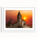 Abstract art print of Kansas City skyline in muted blue and gray tones on a framed white matte canvas.