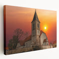 Kansas City skyline depicted in vibrant evening colors on a large stretched canvas, suitable for kitchen wall art.