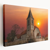 Kansas City skyline depicted in vibrant evening colors on a large stretched canvas, suitable for kitchen wall art.