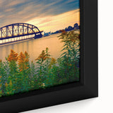 Extra large framed canvas of St. Louis skyline in black with colorful, textured elements, ideal for living room wall art.