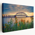 Stretched canvas art featuring the St. Louis skyline in muted blue and gray tones, ideal for kitchen wall decor.