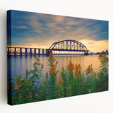 Stretched canvas art featuring the St. Louis skyline in muted blue and gray tones, ideal for kitchen wall decor.