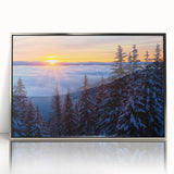 Mid-century modernist art depicting Montana scenery in muted earth tones on a silver-framed acrylic print.