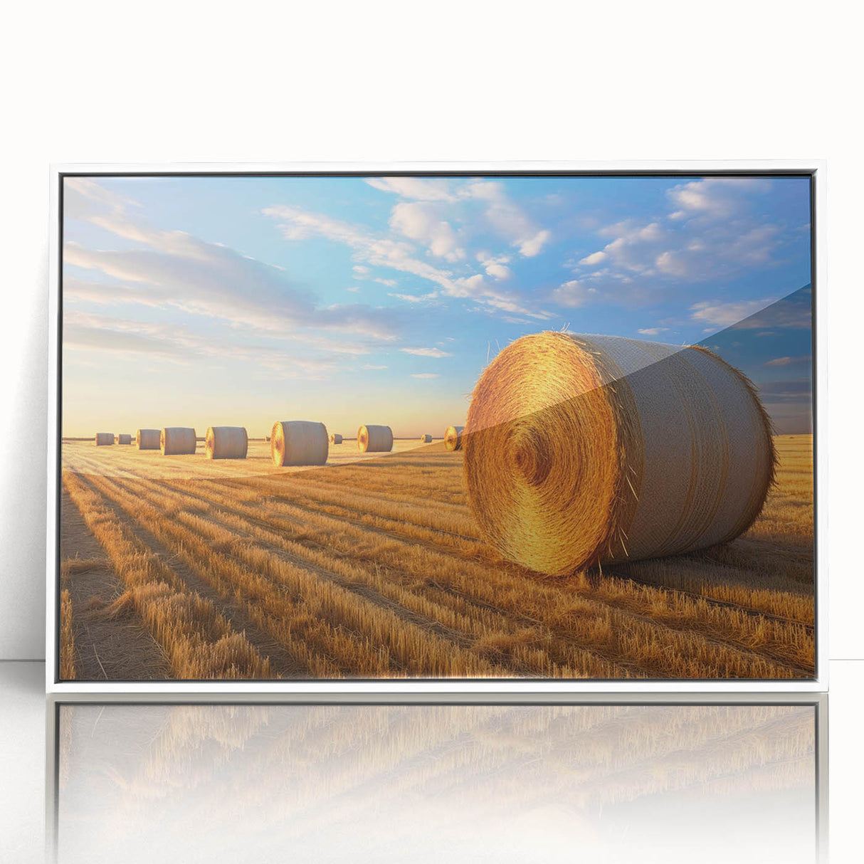 Acrylic print of a Nebraska landscape in art deco style, featuring muted earth tones.