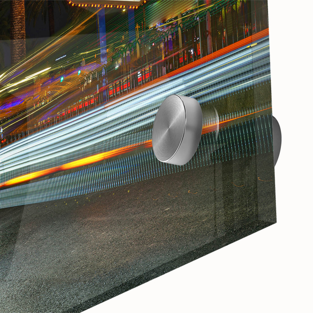 Large abstract Las Vegas skyline art on acrylic glass, featuring vibrant neon colors, ideal for dining room decor.