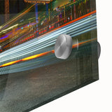 Large abstract Las Vegas skyline art on acrylic glass, featuring vibrant neon colors, ideal for dining room decor.
