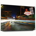 Acrylic print of Las Vegas skyline in vibrant twilight hues, ideal for modern bedroom or dining room decor.
