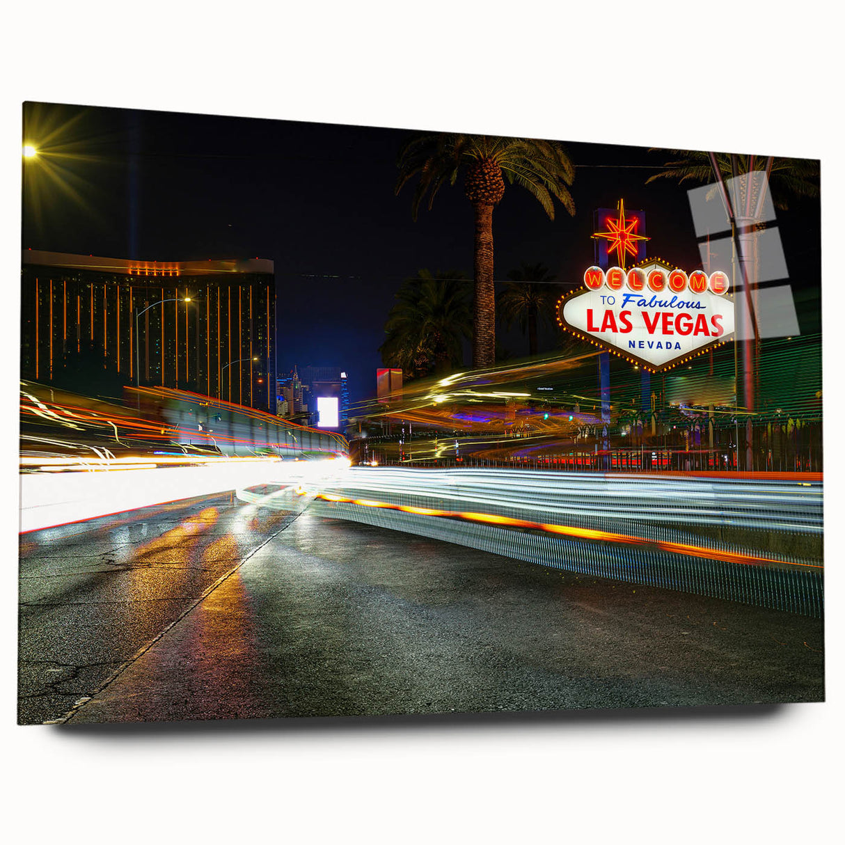 Large abstract wall art featuring the Las Vegas skyline in vibrant twilight hues, printed on acrylic glass.