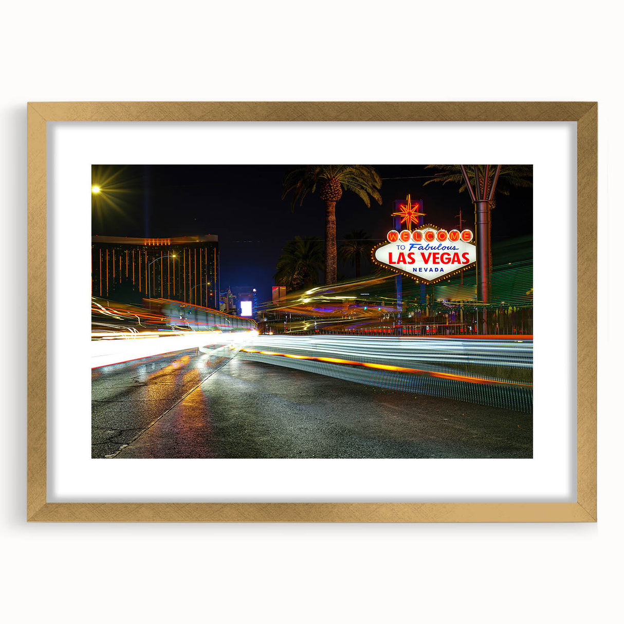 Extra large abstract art print of Las Vegas skyline in gold frame, featuring textured details and vibrant colors.