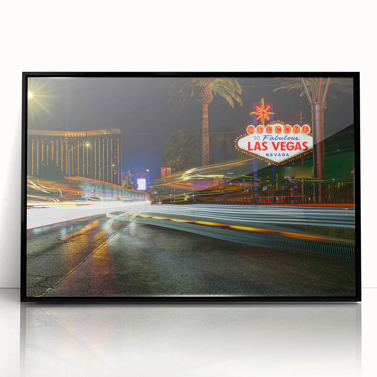 Large abstract wall art of Las Vegas skyline in black and white on a framed acrylic, suitable for modern art wall decor.