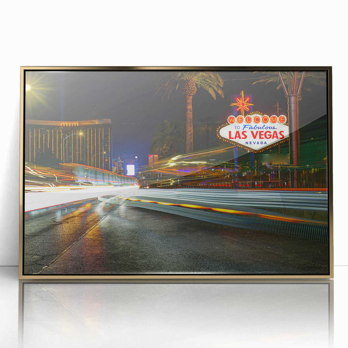 Framed acrylic print of Las Vegas scenery in mid-century modernist style with gold accents.