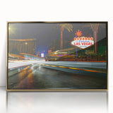 Framed acrylic print of Las Vegas scenery in mid-century modernist style with gold accents.