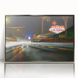 Mid-century modernist art of Las Vegas skyline in silver framed acrylic, with vibrant neon colors.