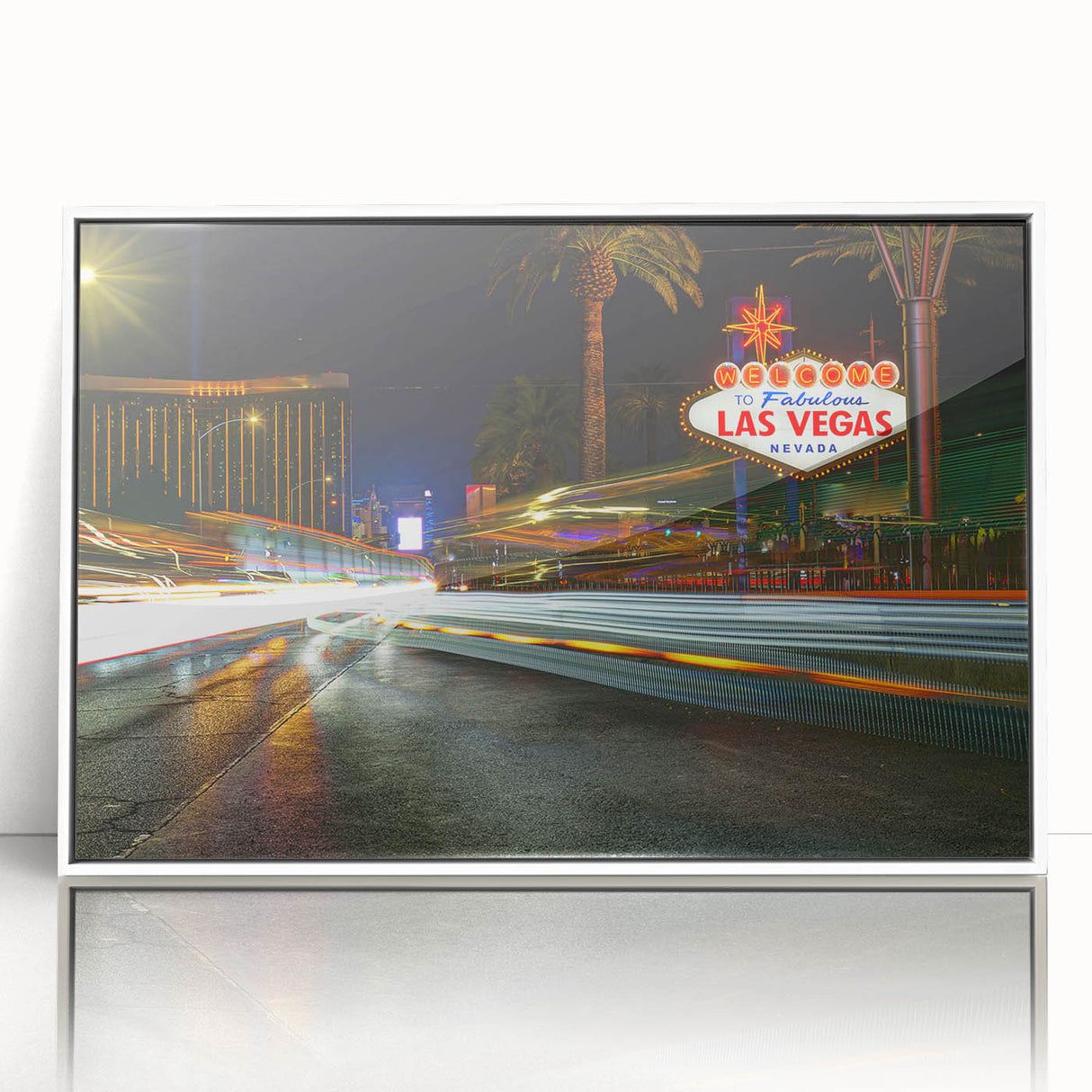 Art Deco style Las Vegas skyline on white framed acrylic, featuring pastel shades, ideal for modern art wall decor.