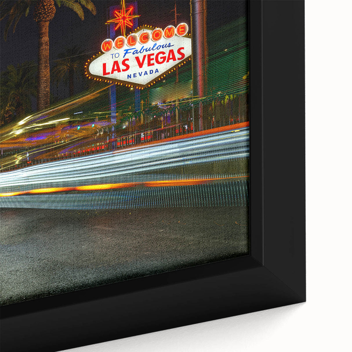 Black wall art featuring textured, colorful Las Vegas scenery on a large framed canvas, ideal for living room decor.