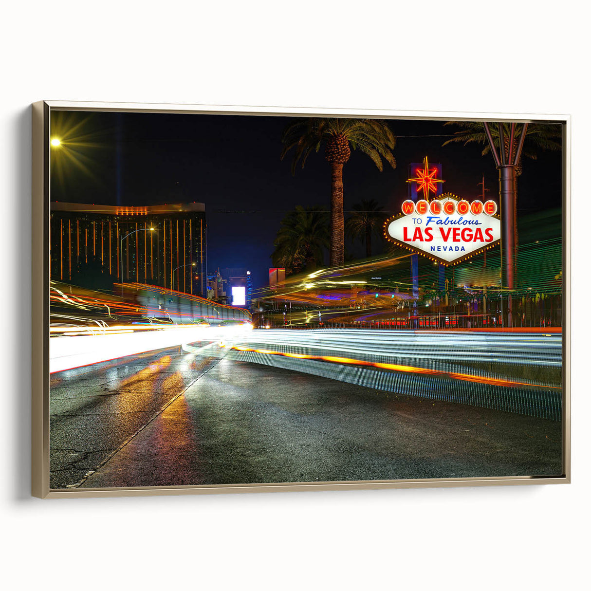 Framed canvas of Las Vegas landscape in vintage poster style, featuring black and gold tones, ideal for bedroom wall art.